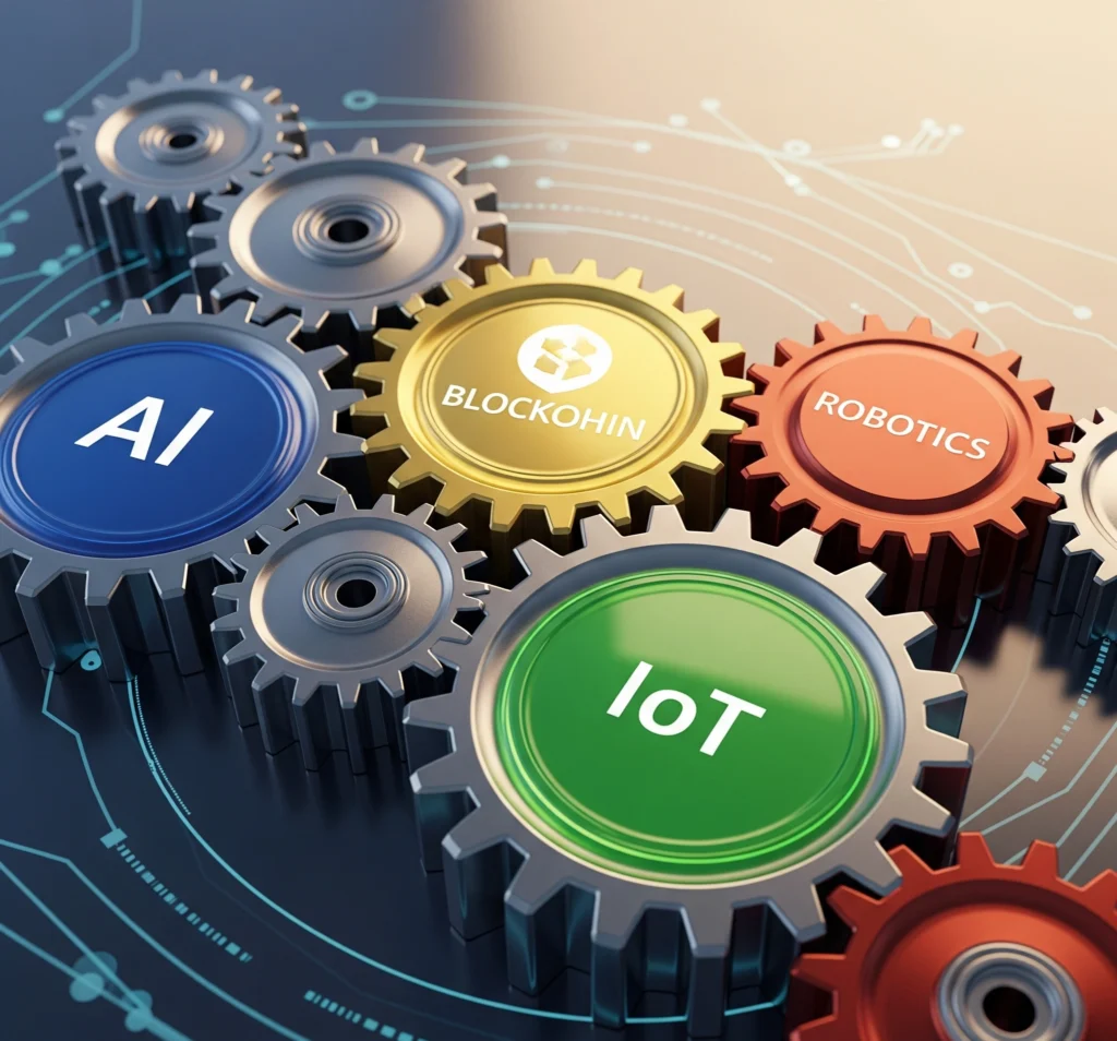 A metaphorical image of perfectly interlocking gears, symbolizing the seamless integration of AI, Blockchain, IoT, and Robotics within a unified system.