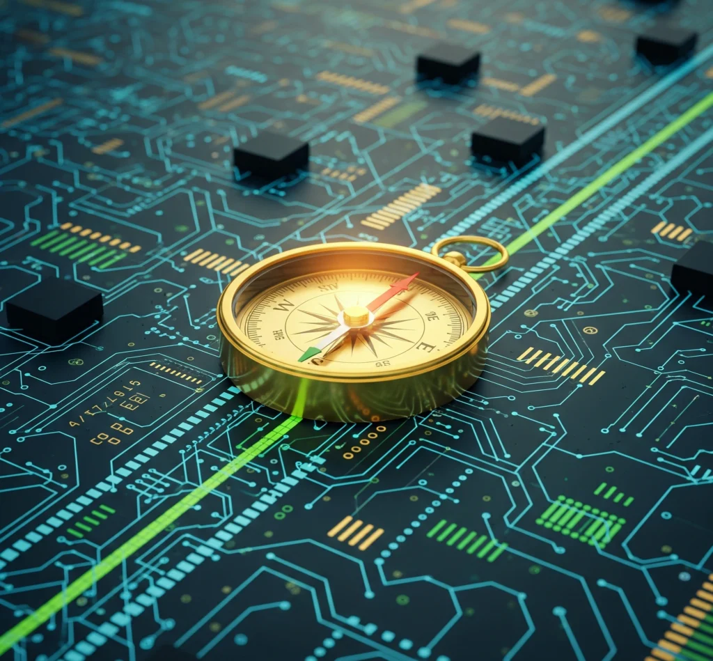 A symbolic image a golden compass, gleaming, guiding a path through a labyrinth of interconnected digital circuits, representing a strategic framework for navigating global AI regulations.