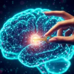 Artistic representation of user control over AI data privacy a human hand holding a key to unlock a complex digital brain structure.