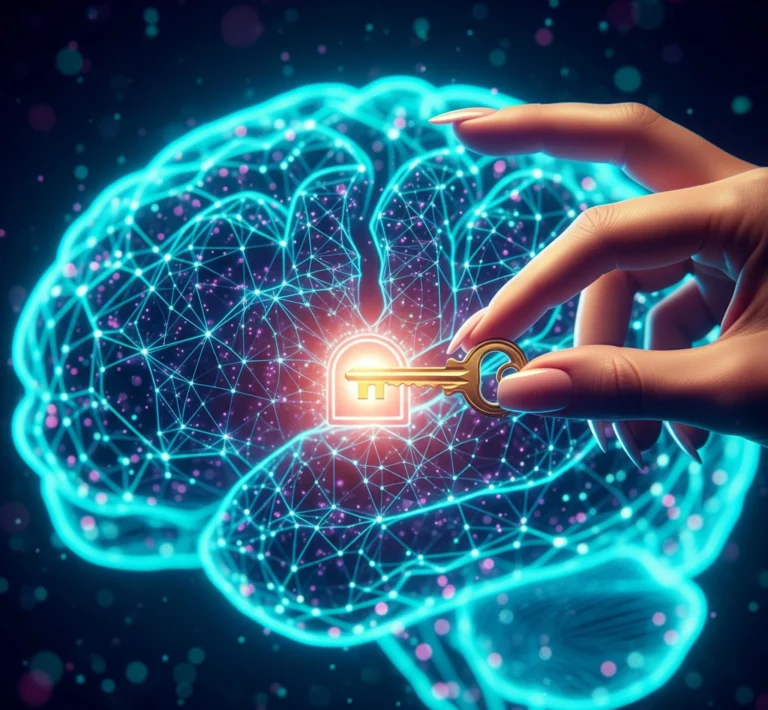 Artistic representation of user control over AI data privacy a human hand holding a key to unlock a complex digital brain structure.