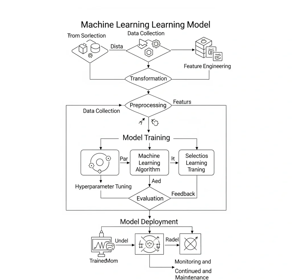 Diagram illustrating the typical workflow of a machine learning model, from data collection and preprocessing to model training, evaluation, and deployment, highlighting feedback loops.
