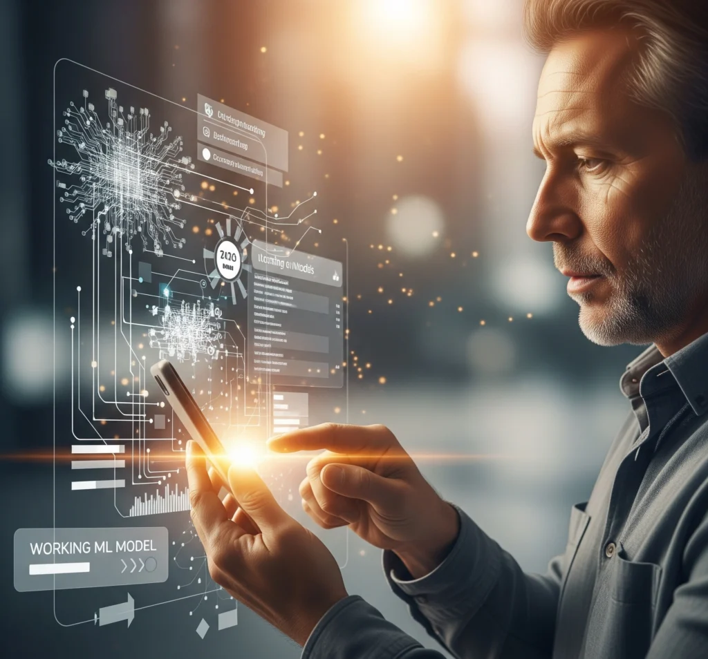 Gambar metafora seseorang yang berinteraksi dengan layar ponsel, dengan lapisan transparan yang menunjukkan aliran data dan model ML yang bekerja, melambangkan kesadaran akan algoritma di balik aplikasi sehari