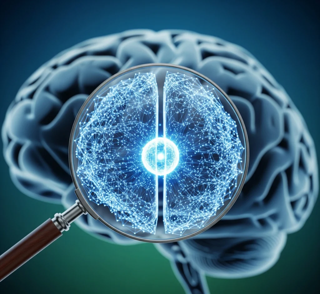 Conceptual image of a magnifying glass focusing on a specific, intricate part of a larger digital brain, symbolizing the detailed focus of Machine Learning within the broader scope of Artificial Intelligence.