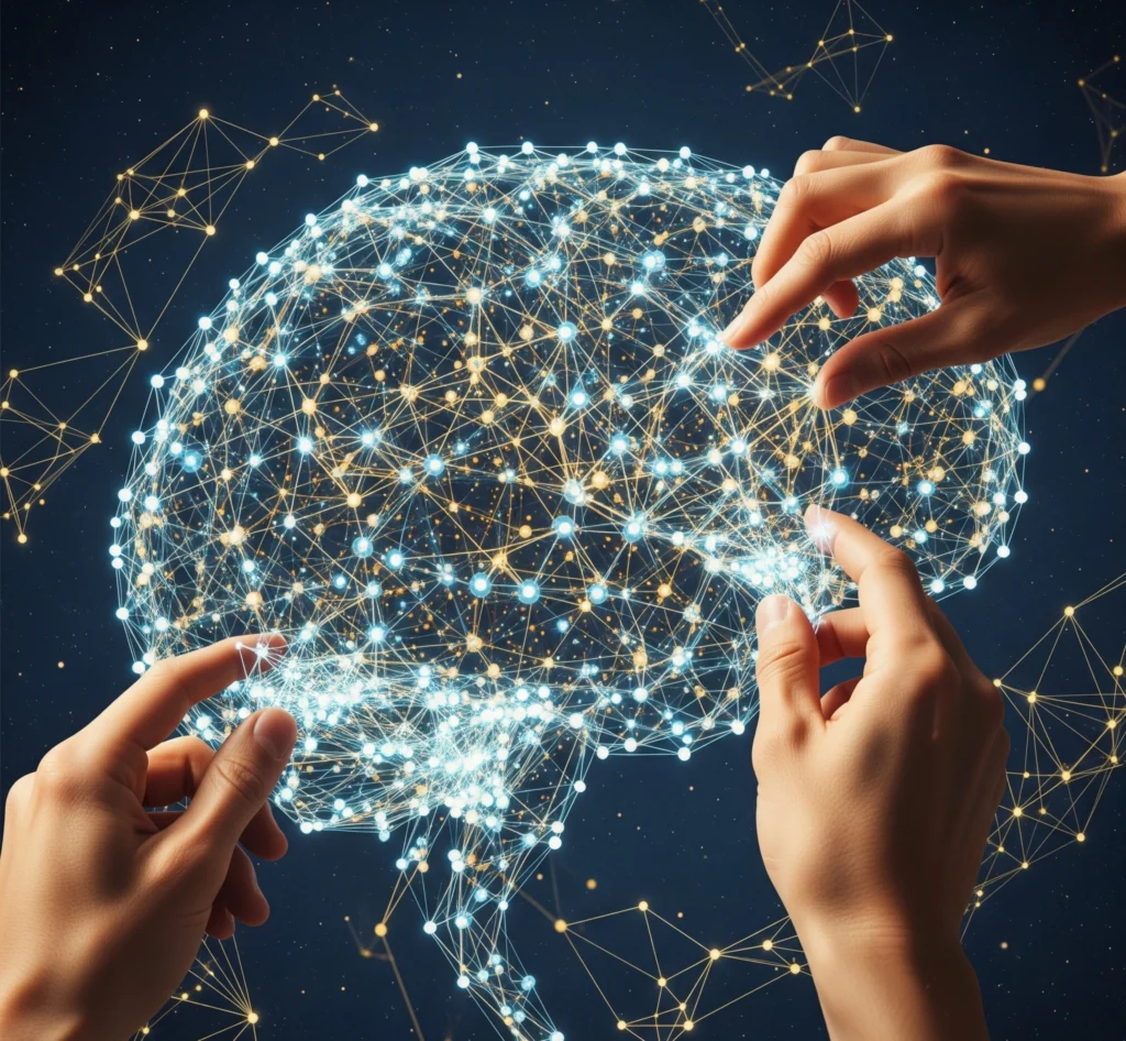 A visual metaphor of a complex digital brain with interconnected nodes, overlaid with human hands guiding and refining the connections, symbolizing strategic AI algorithm adoption with human oversight.